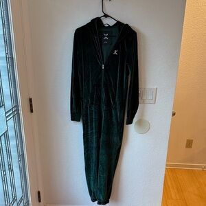 One-Piece Green Velour Hooded Jumpsuit